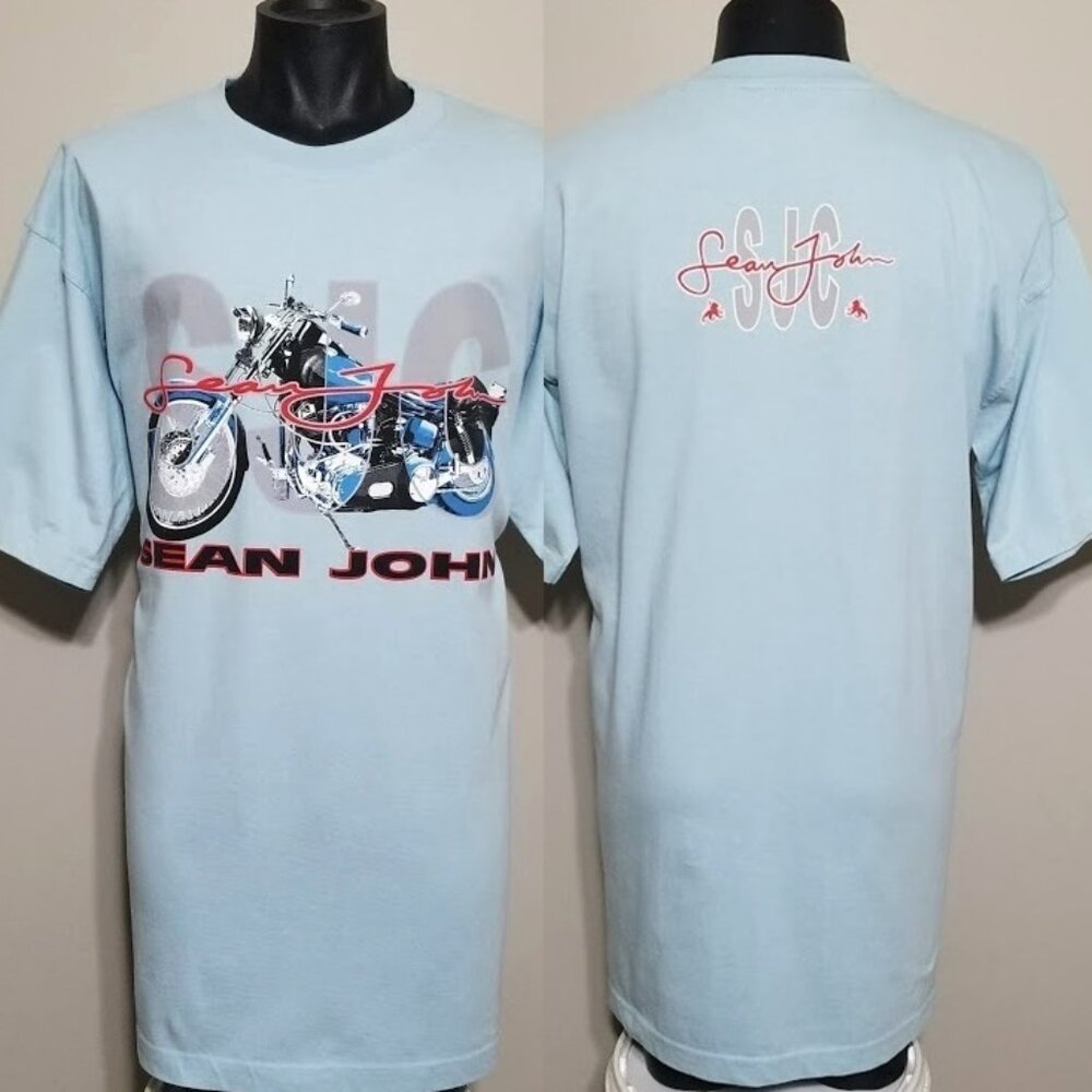 Vintage Sean John Double Sided Graphic Tee XL Blue Made in USA Biker Y2K T Shirt